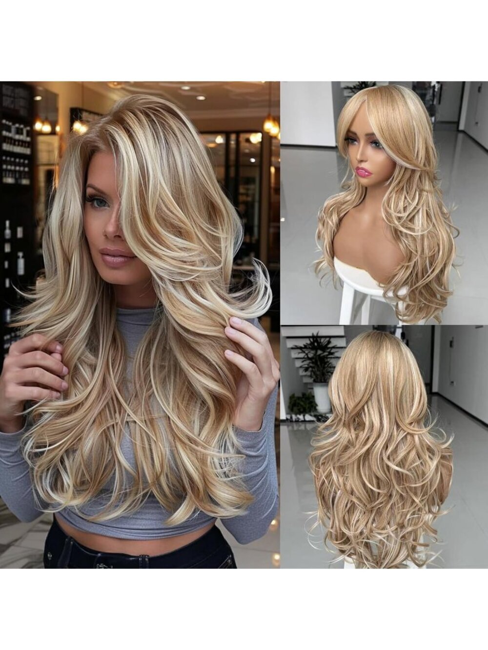 Women's Omber Blonde Long Blonde Wavy Synthetic Platinum Layered Classic Wigs